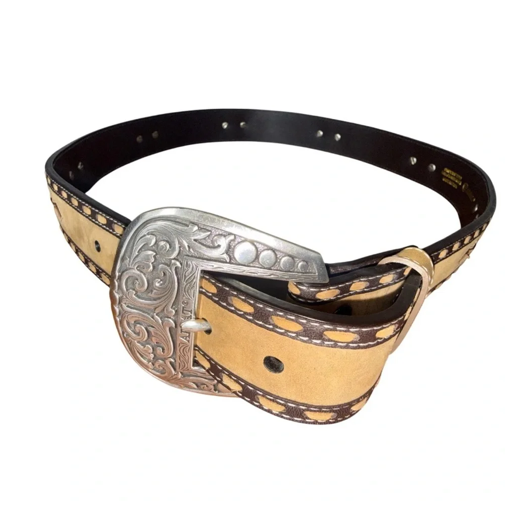 Ariat Two-Tone Tan and Brown Western Leather Belt with Ornate Silver Buckle. 38.